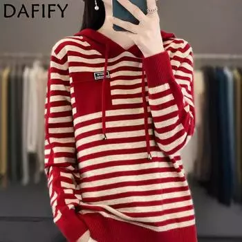 DAFIFY Женская мода повседневная осень-зима полосатый принт длинный рукав с капюшоном свитера M