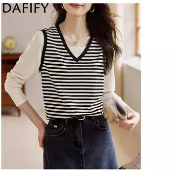 DAFIFY Женская мода повседневная осень-зима полосатый принт длинный рукав V-образный вырез свитера Size: One Size