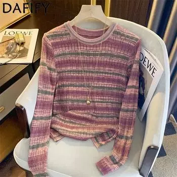 DAFIFY Женская мода повседневная осень-зима полосатый принт длинный рукав O-образный вырез свитера Size: One Size розовый