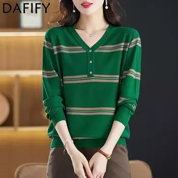 DAFIFY Женская мода повседневная осень-зима полосатый принт длинный рукав V-образный вырез свитера One Size зелёный