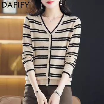 DAFIFY Женская мода повседневная осень-зима полосатый принт длинный рукав V-образный вырез свитера One Size зелёный