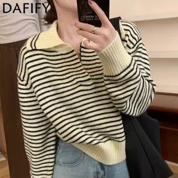 DAFIFY Женская мода повседневная осень-зима полосатый принт длинный рукав поло воротник свитера Size: One Size