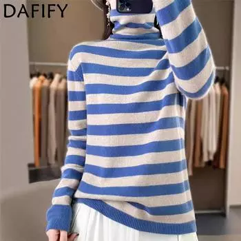 DAFIFY Женская мода повседневная осень-зима полосатый принт длинный рукав высокий ворот свитера S темно-синий