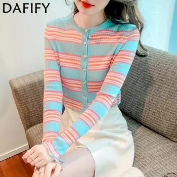 DAFIFY Женская мода повседневная осень-зима полосатый принт длинный рукав O-образный вырез свитера One Size