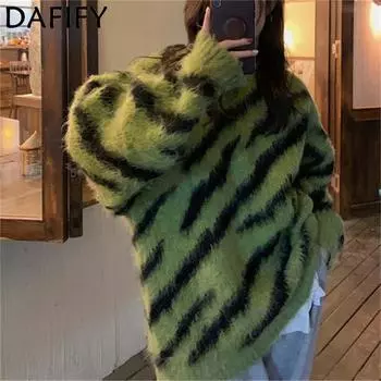 DAFIFY Женская мода повседневная осень-зима полосатый принт длинный рукав O-образный вырез свитера Size: One Size зелёный