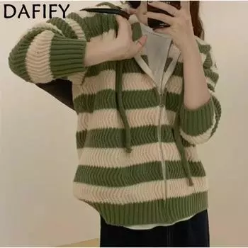 DAFIFY Женская мода повседневная осень-зима полосатый принт длинный рукав с капюшоном свитера One Size зелёный
