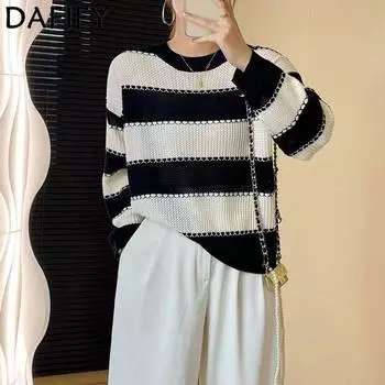 DAFIFY Женская мода повседневная осень-зима полосатый принт длинный рукав O-образный вырез свитера One size