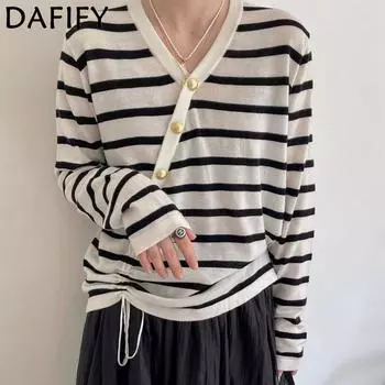 DAFIFY Женская мода повседневная осень-зима полосатый принт длинный рукав V-образный вырез свитера Size: One Size белый