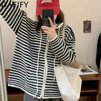 DAFIFY Женская мода повседневная осень-зима полосатый принт длинный рукав с капюшоном свитера Size: One Size белый