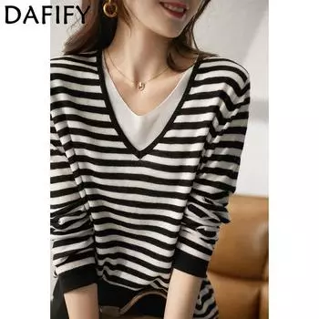 DAFIFY Женская мода повседневная осень-зима полосатый принт длинный рукав V-образный вырез свитера Size: One Size