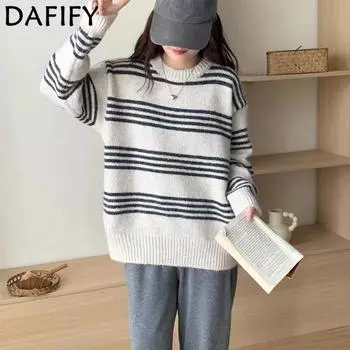 DAFIFY Женская мода повседневная осень-зима полосатый принт длинный рукав O-образный вырез свитера One Size чёрный