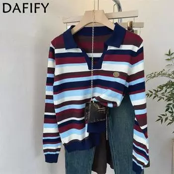 DAFIFY Женская мода повседневная осень-зима полосатый принт длинный рукав поло воротник свитера One Size темно-синий