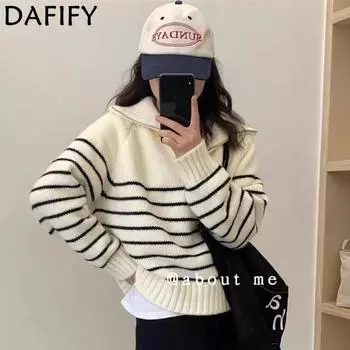 DAFIFY Женская мода повседневная осень-зима полосатый принт длинный рукав поло воротник свитера Size: One Size