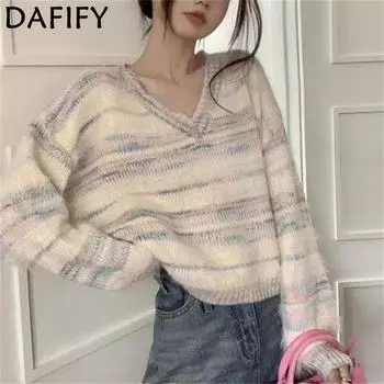 DAFIFY Женская мода повседневная осень-зима полосатый принт длинный рукав V-образный вырез свитера One Size