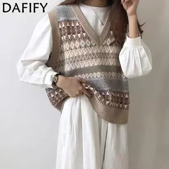 DAFIFY Женская мода повседневная осень-зима ромбовидный принт без рукавов V-образный вырез свитера Size: One Size абрикосовый