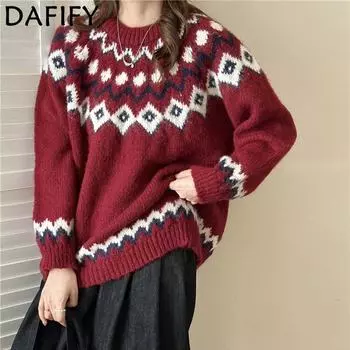 DAFIFY Женская мода повседневная осень-зима ромбовидный узор с длинным рукавом и круглым вырезом свитера Size: One Size красный