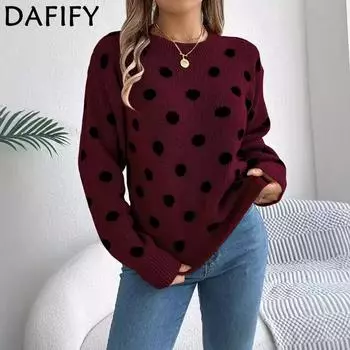 DAFIFY Женская мода повседневная осень-зима с принтом в горошек, с длинным рукавом и круглым вырезом S бордовый