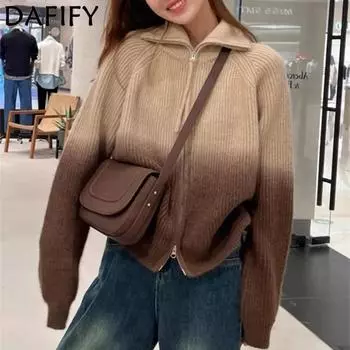 DAFIFY Женская мода повседневная осень-зима с цветным принтом и длинным рукавом с воротником-поло One Size хаки