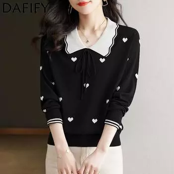 DAFIFY Женская мода повседневная осень-зима с принтом любовных букв, длинный рукав, воротник-поло, свитера Size: One Size чёрный
