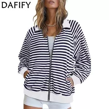 DAFIFY Женская мода Повседневный полосатый принт Длинный рукав капюшон поло воротник и толстовки S