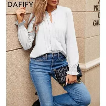 DAFIFY Женская мода повседневные однотонные толстовки с длинным рукавом и V-образным вырезом с принтом и толстовки S белый