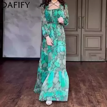 DAFIFY Женская мода весна-осень цветной блок принт длинный рукав квадратный воротник средняя талия повседневные платья S зелёный