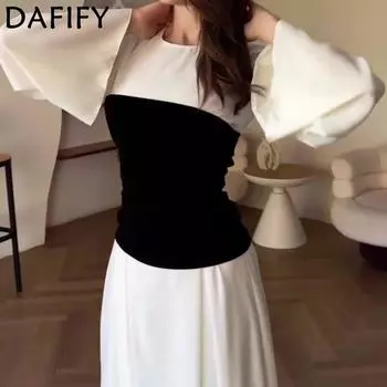 DAFIFY Женская мода весна-осень цветные блоки с принтом длинные рукава О-образный вырез высокая талия повседневные платья S