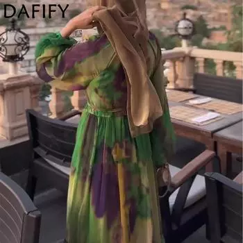 DAFIFY Женская мода весна-осень цветные блоки принт длинный рукав О-образный вырез средняя талия повседневные платья S зелёный