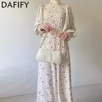 DAFIFY Женская мода весна-осень цветочный узор с длинным рукавом V-образный вырез средняя талия повседневные платья S
