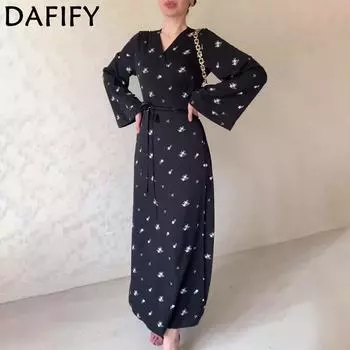 DAFIFY Женская мода весна-осень цветочный узор с длинным рукавом V-образный вырез средняя талия повседневные платья S чёрный
