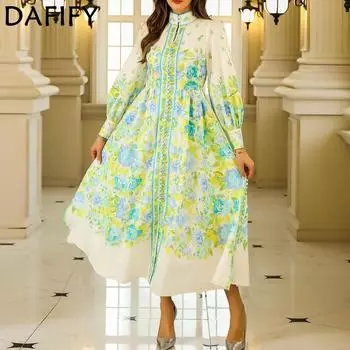DAFIFY Женская мода весна-осень цветочный узор принт длинный рукав воротник стойка свободная талия коктейльные и вечерние платья M светло-зеленый