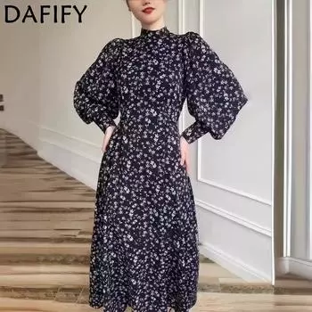 DAFIFY Женская мода весна-осень цветочный узор с длинным рукавом полуводолазка средняя талия повседневные платья S