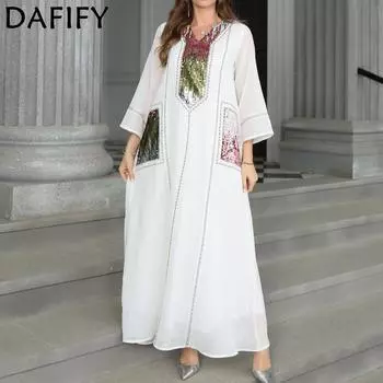 DAFIFY Женская мода весна-осень длинные рукава свободная талия V-образный вырез коктейльные и вечерние платья S белый