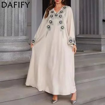 DAFIFY Женская мода весна-осень длинные рукава свободная талия V-образный вырез коктейльные и вечерние платья M белый