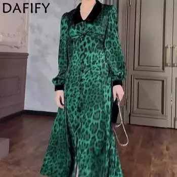 DAFIFY Женская мода весна-осень леопардовый принт длинный рукав V-образный вырез средняя талия повседневные платья S