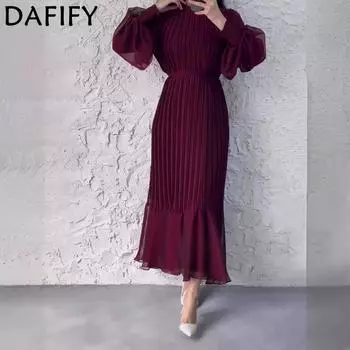 DAFIFY Женская мода весна-осень однотонный принт длинный рукав О-образный вырез средняя талия повседневные платья S чёрный