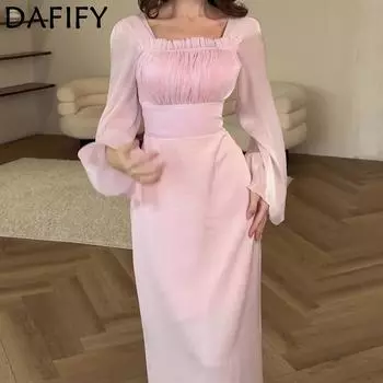 DAFIFY Женская мода весна-осень однотонный принт длинный рукав U-образный вырез средняя талия повседневные платья S розовый