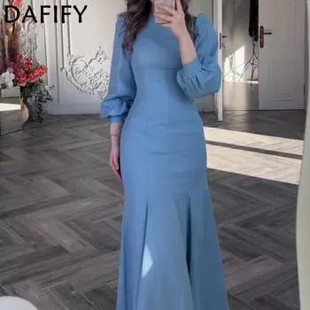 DAFIFY Женская мода весна-осень однотонный принт длинный рукав U-образный вырез средняя талия повседневные платья S синий