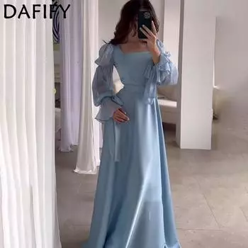 DAFIFY Женская мода весна-осень однотонный принт длинный рукав квадратный воротник средняя талия повседневные платья S