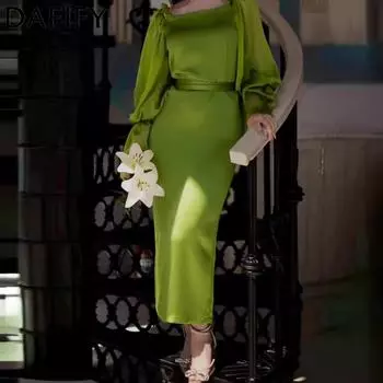 DAFIFY Женская мода весна-осень однотонный принт длинный рукав квадратный воротник средняя талия повседневные платья S