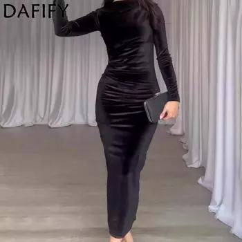 DAFIFY Женская мода весна-осень однотонный принт длинный рукав О-образный вырез средняя талия повседневные платья S чёрный