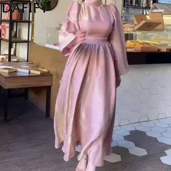 DAFIFY Женская мода весна-осень однотонный принт длинный рукав полуводолазка средняя талия повседневные платья S розовый