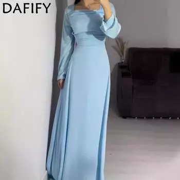 DAFIFY Женская мода весна-осень однотонный принт длинный рукав квадратный воротник средняя талия повседневные платья S синий