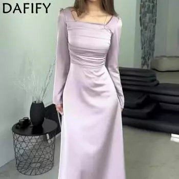 DAFIFY Женская мода весна-осень однотонный принт длинный рукав квадратный воротник средняя талия повседневные платья S светло-фиолетовый