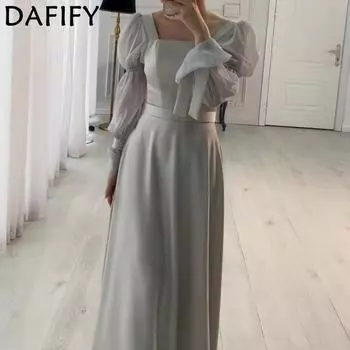 DAFIFY Женская мода весна-осень однотонный принт длинный рукав квадратный воротник средняя талия повседневные платья S светло-серый