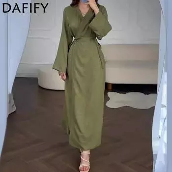 DAFIFY Женская мода весна-осень однотонный принт длинный рукав V-образный вырез средняя талия повседневные платья S