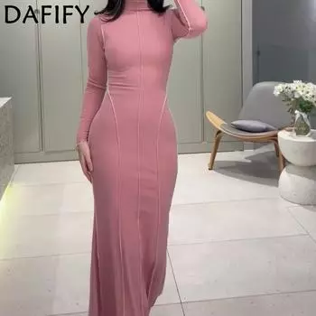 DAFIFY Женская мода весна-осень однотонный принт длинный рукав полуводолазка средняя талия повседневные платья S небесно-голубой