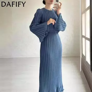 DAFIFY Женская мода весна-осень однотонный принт длинный рукав О-образный вырез средняя талия повседневные платья S слоновая кость