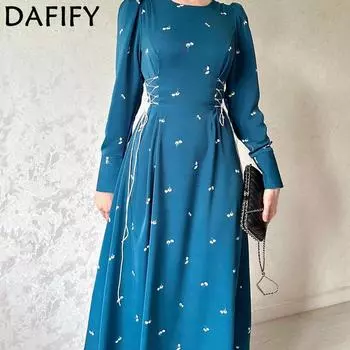 DAFIFY Женская мода весна-осень однотонный принт длинный рукав О-образный вырез средняя талия повседневные платья S небесно-голубой