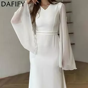DAFIFY Женская мода весна-осень однотонный принт длинный рукав V-образный вырез высокая талия повседневные платья S белый